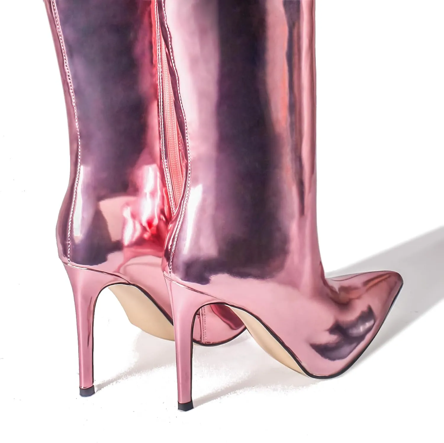 MUCCCUTE Knee High Boots Women High Heel Metallic Stiletto Pointed Toe Thigh High Boots Tall Long Boots Zipper Sexy Fashion Party
