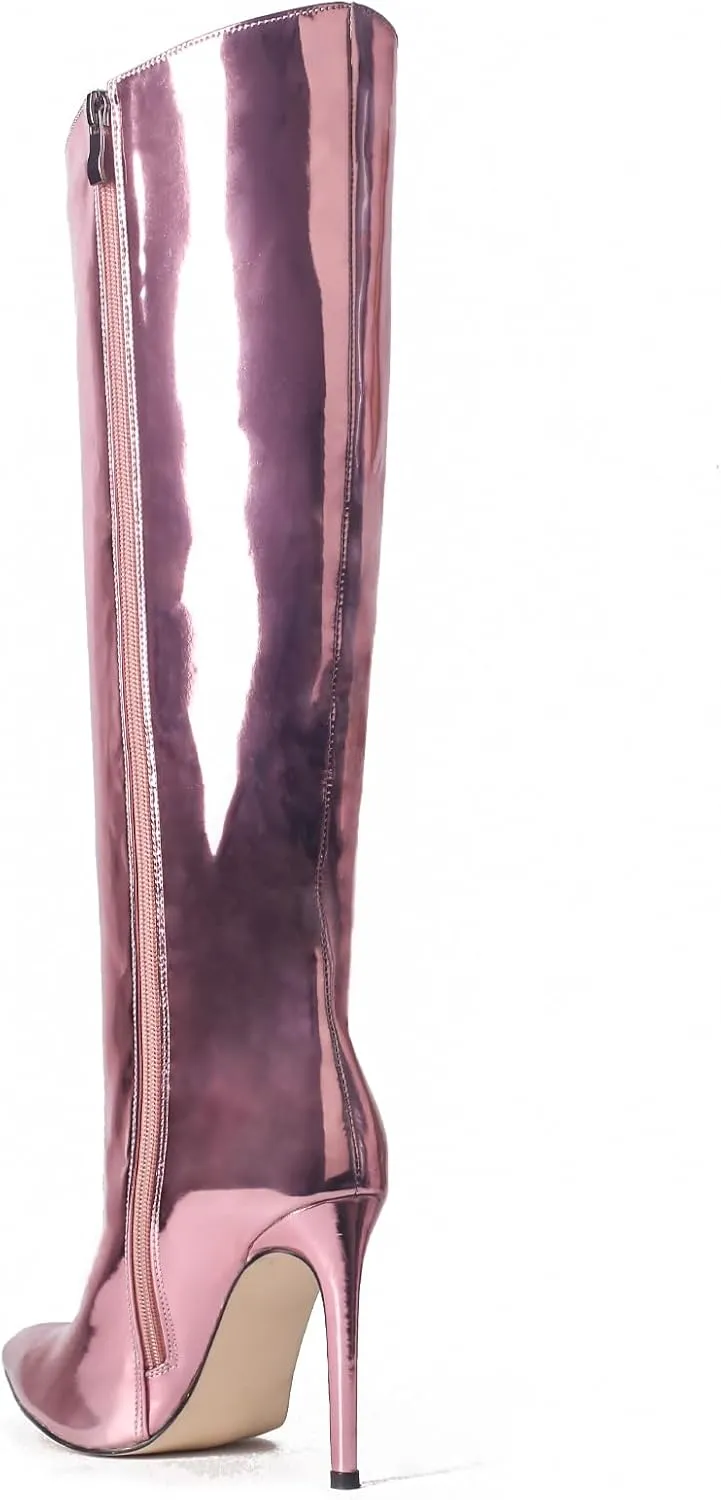MUCCCUTE Knee High Boots Women High Heel Metallic Stiletto Pointed Toe Thigh High Boots Tall Long Boots Zipper Sexy Fashion Party