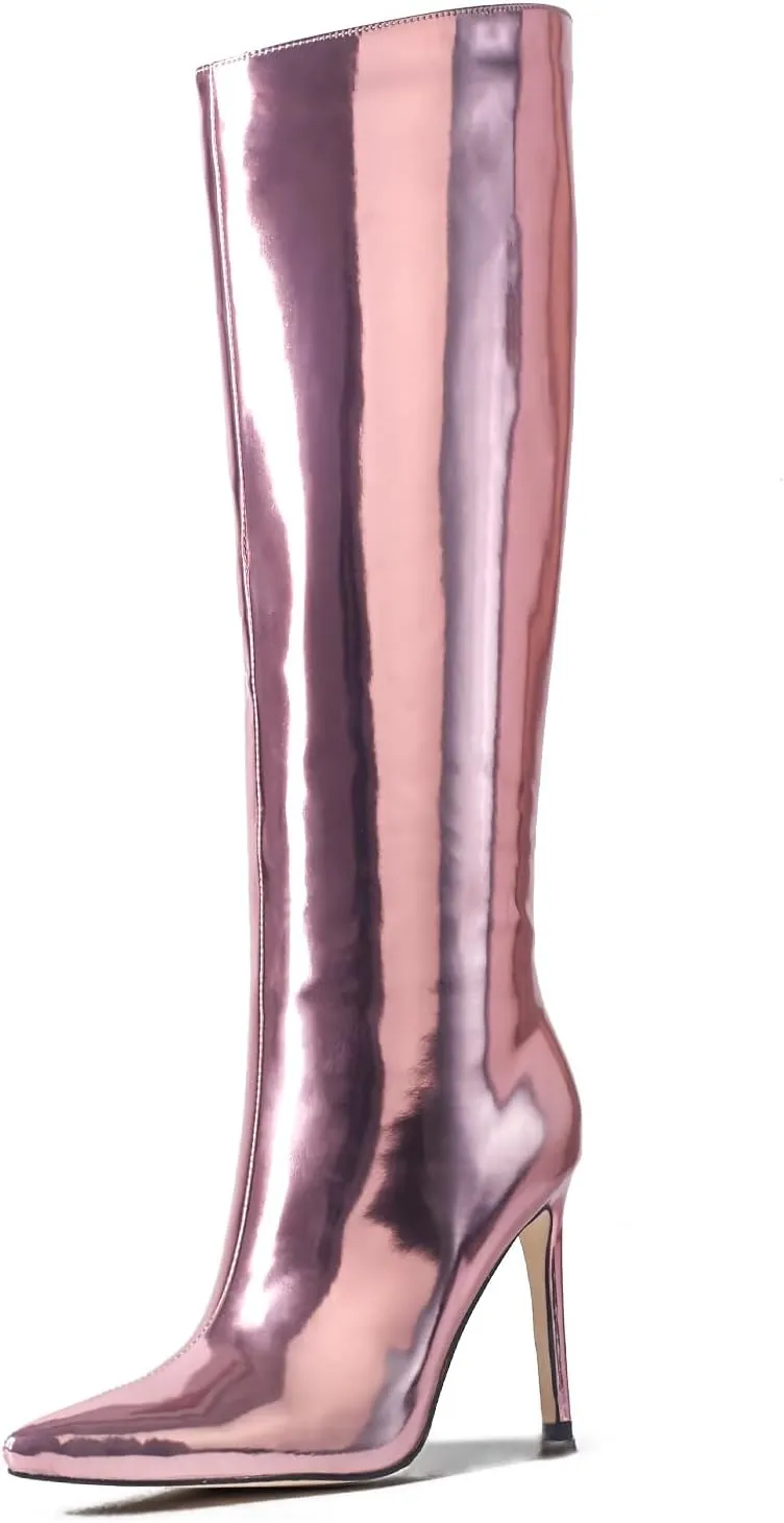 MUCCCUTE Knee High Boots Women High Heel Metallic Stiletto Pointed Toe Thigh High Boots Tall Long Boots Zipper Sexy Fashion Party