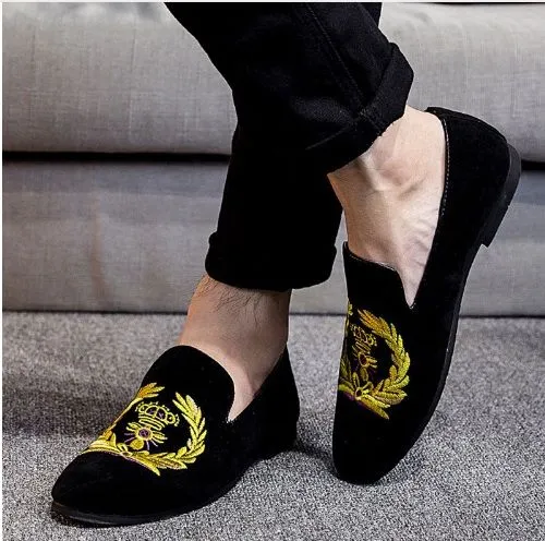 New Handmade Men Black Embroidered Loafer Velvet Shoes, Velvet Shoes