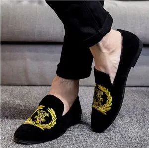 New Handmade Men Black Embroidered Loafer Velvet Shoes, Velvet Shoes
