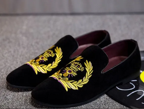 New Handmade Men Black Embroidered Loafer Velvet Shoes, Velvet Shoes