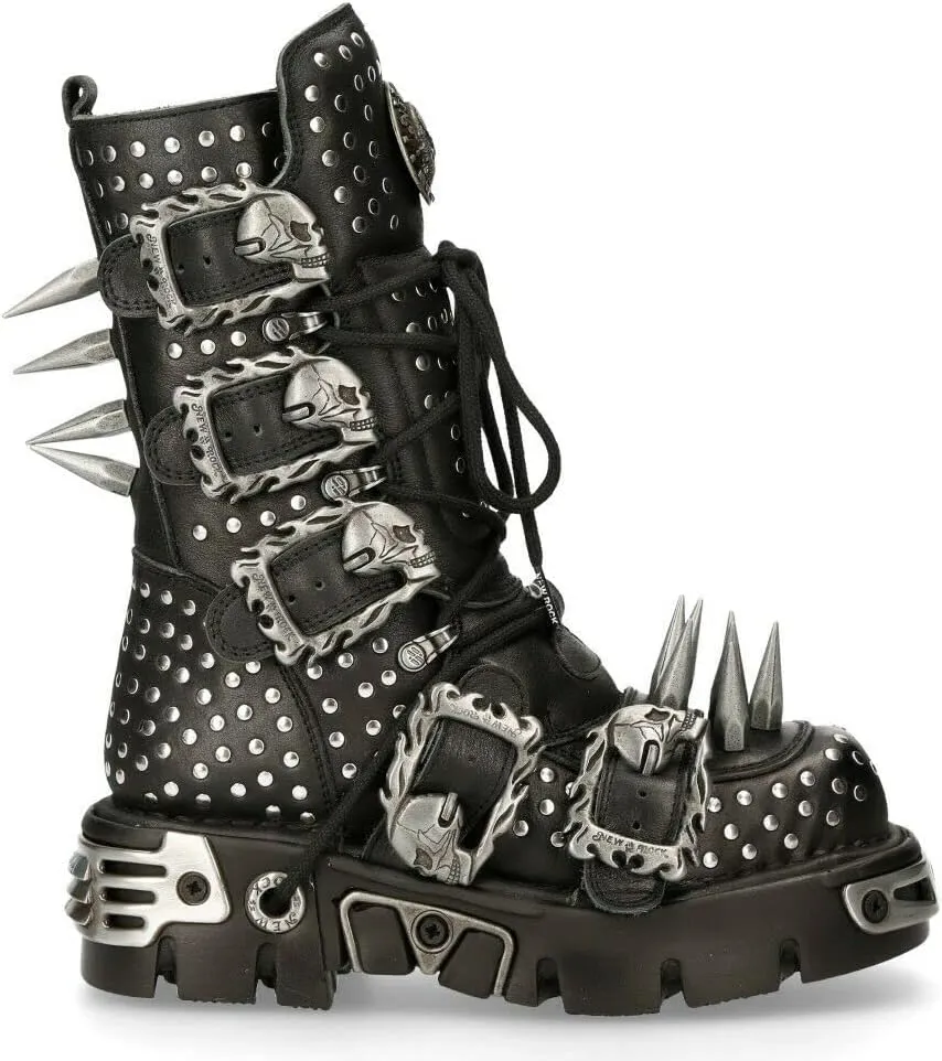 New Rock Boots 1535-S1 Mens Metallic Black Leather Goth Studded Spike Boot 9.5