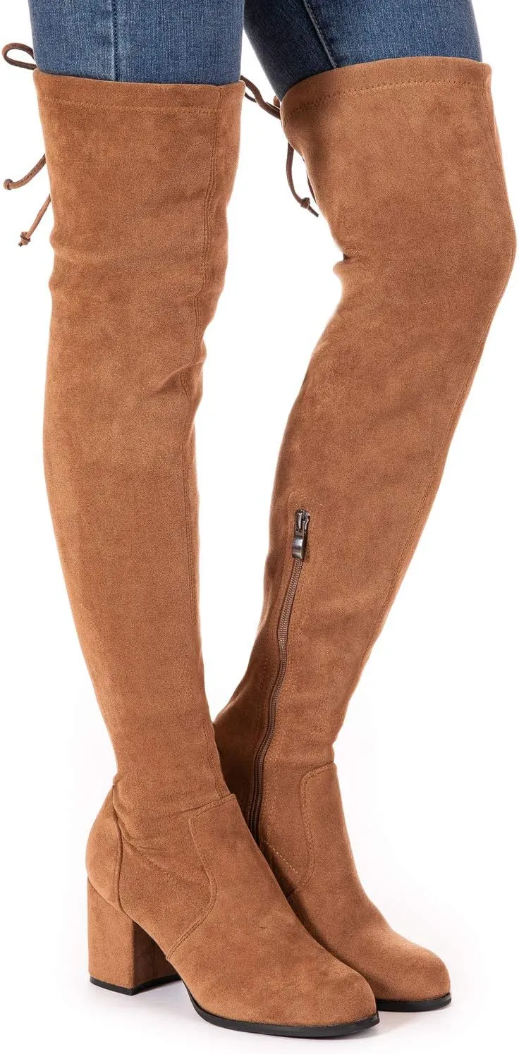 N.N.G Women Over Knee Boots Thigh High Suede Block Heel Lace Up Black Winter Long OTK Comfort