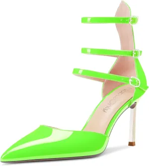 NobleOnly Women High Heel Pointed Toe Two-Piece Ankle Strap Pumps Buckle Prom Casual Sexy Dress Shoes 3.3 Inches Heels