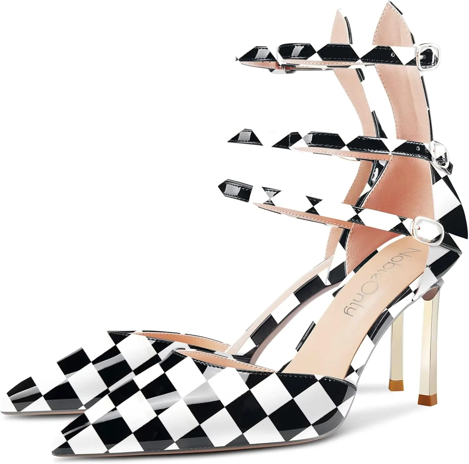 NobleOnly Women High Heel Pointed Toe Two-Piece Ankle Strap Pumps Buckle Prom Casual Sexy Dress Shoes 3.3 Inches Heels
