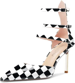 NobleOnly Women High Heel Pointed Toe Two-Piece Ankle Strap Pumps Buckle Prom Casual Sexy Dress Shoes 3.3 Inches Heels