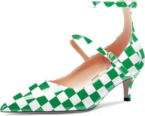 NobleOnly Women Mid Heel Ankle Strap Pointed Toe Pumps Casual Party Office Dress Cute Buckle Shoes 2.0 Inches Heels