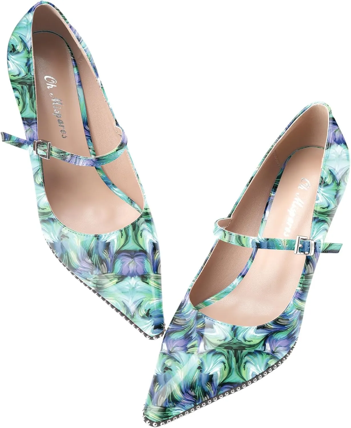 Oh Mispares Women's High Heel Beaded Pumps Stiletto High Heels Pointed Toe Mary Jane Pumps Slip On Sexy Heeled Dress Shoes with Buckle Strap Patent Leather 3.5 Inch