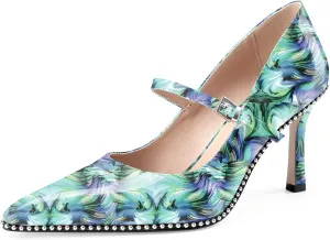 Oh Mispares Women's High Heel Beaded Pumps Stiletto High Heels Pointed Toe Mary Jane Pumps Slip On Sexy Heeled Dress Shoes with Buckle Strap Patent Leather 3.5 Inch