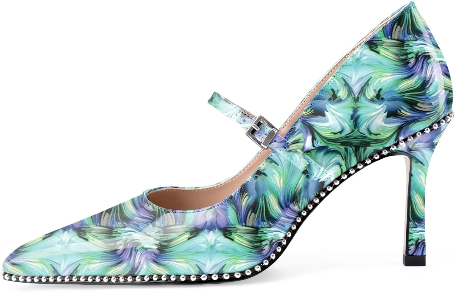 Oh Mispares Women's High Heel Beaded Pumps Stiletto High Heels Pointed Toe Mary Jane Pumps Slip On Sexy Heeled Dress Shoes with Buckle Strap Patent Leather 3.5 Inch