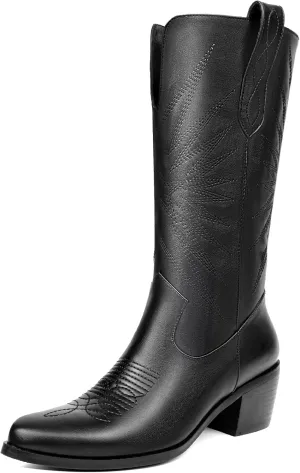 olomisa Cowboy Boots for Women, Metallic Boots Embroidery Pointed Toe Chunky Heel Pull On Mid Calf Cowgirl Boots