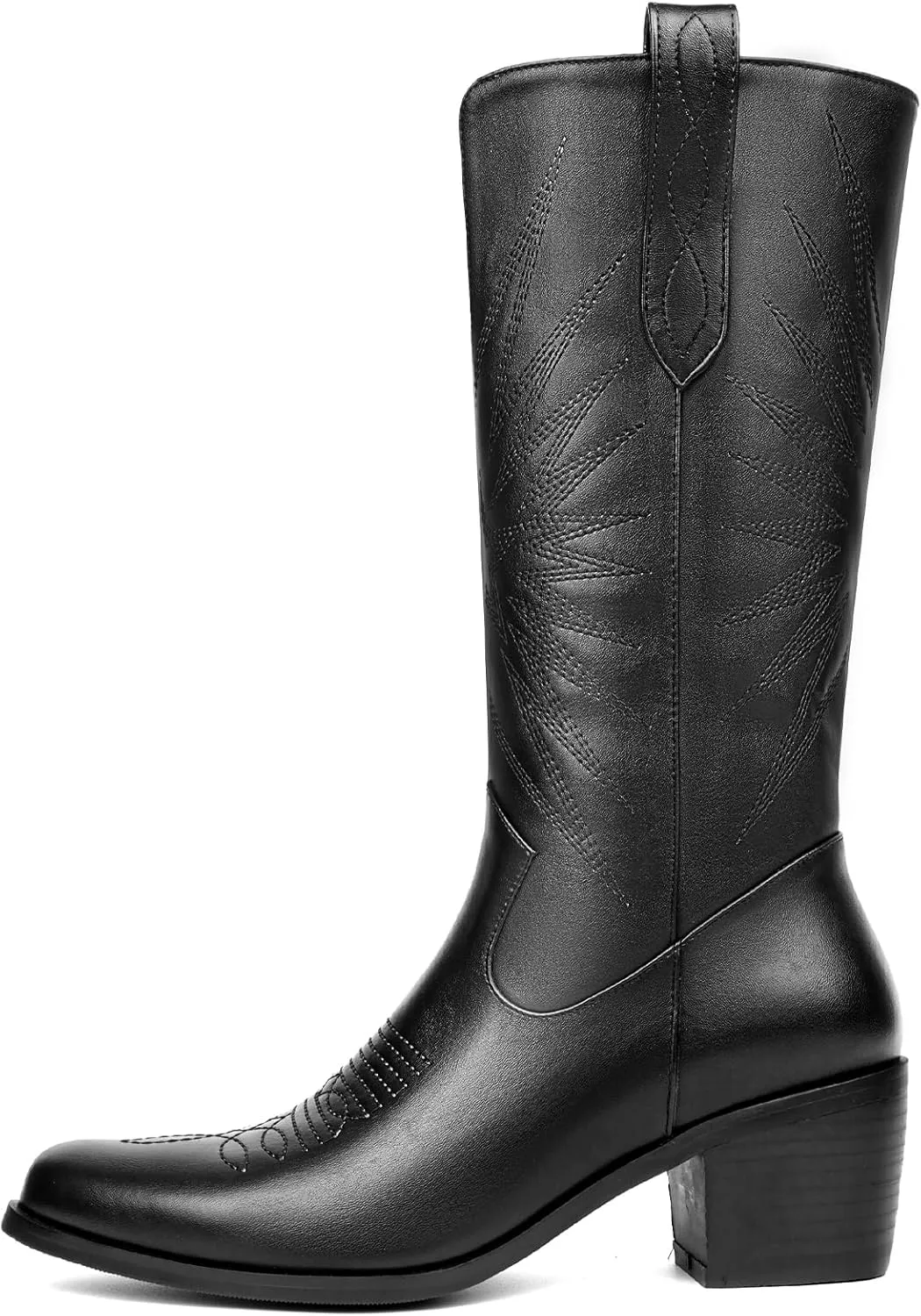 olomisa Cowboy Boots for Women, Metallic Boots Embroidery Pointed Toe Chunky Heel Pull On Mid Calf Cowgirl Boots