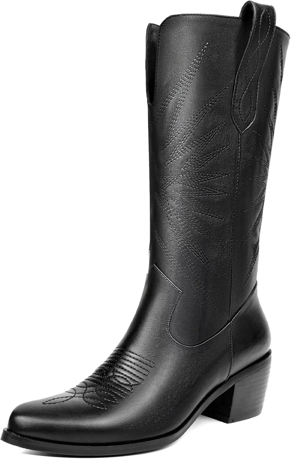 olomisa Cowboy Boots for Women, Metallic Boots Embroidery Pointed Toe Chunky Heel Pull On Mid Calf Cowgirl Boots