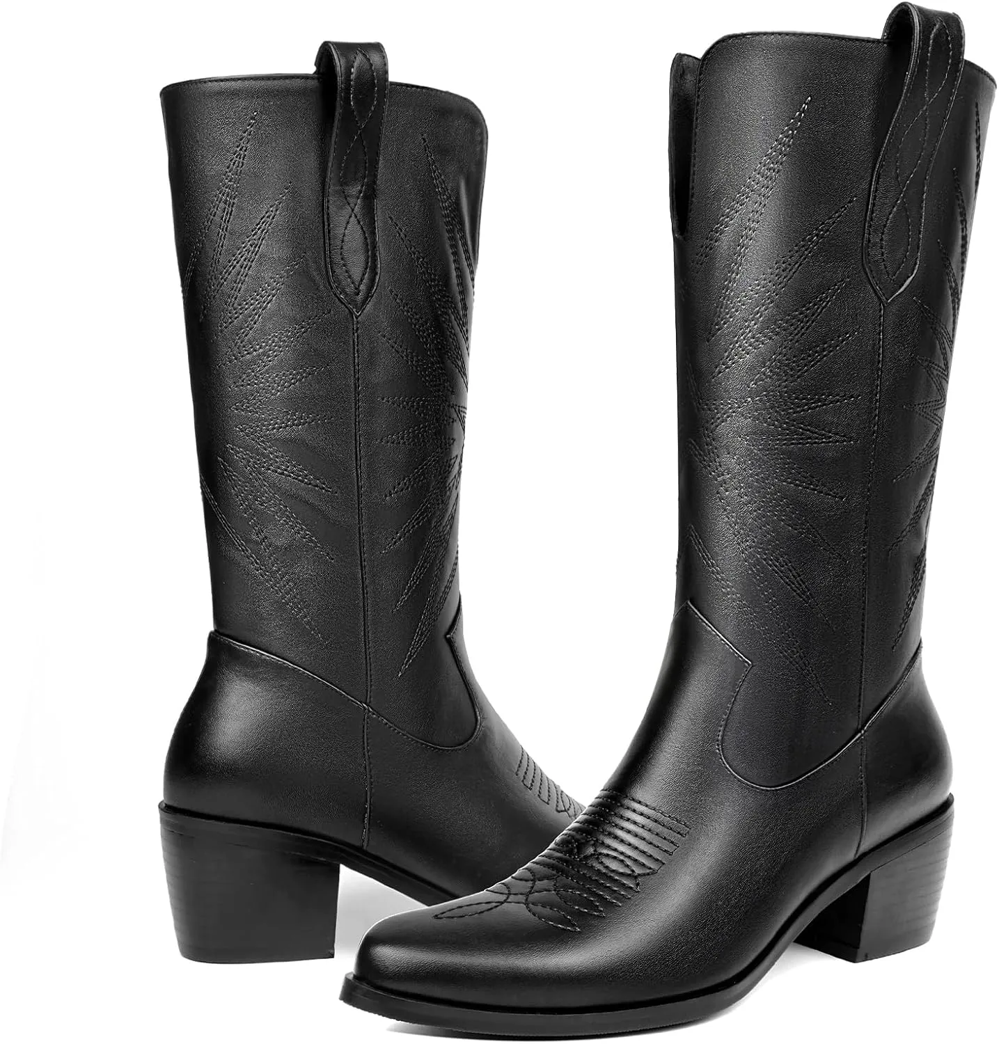 olomisa Cowboy Boots for Women, Metallic Boots Embroidery Pointed Toe Chunky Heel Pull On Mid Calf Cowgirl Boots