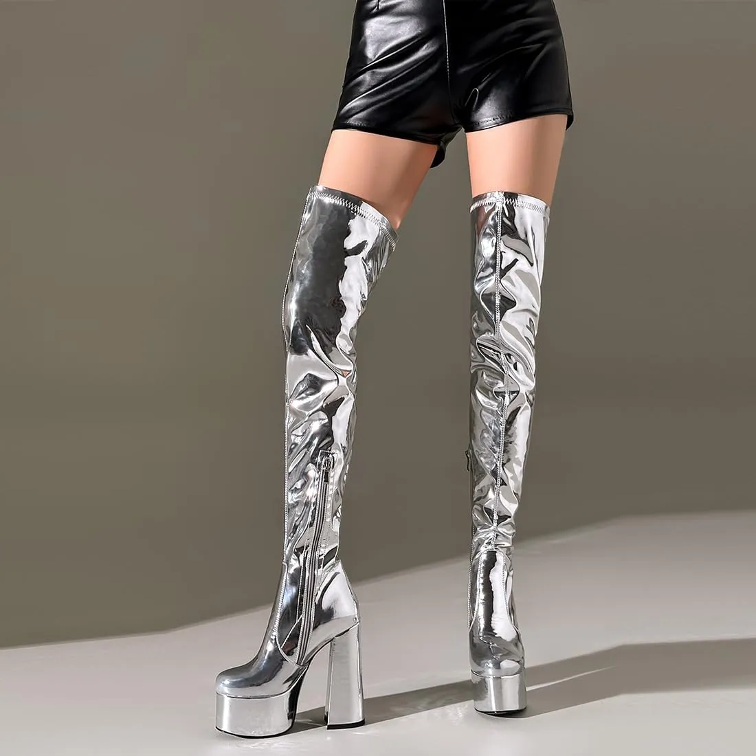 Over the Knee Platform Boot - Metallic Boot for Women Round Toe Chunky Heel Sequin Leather Thigh High Boot