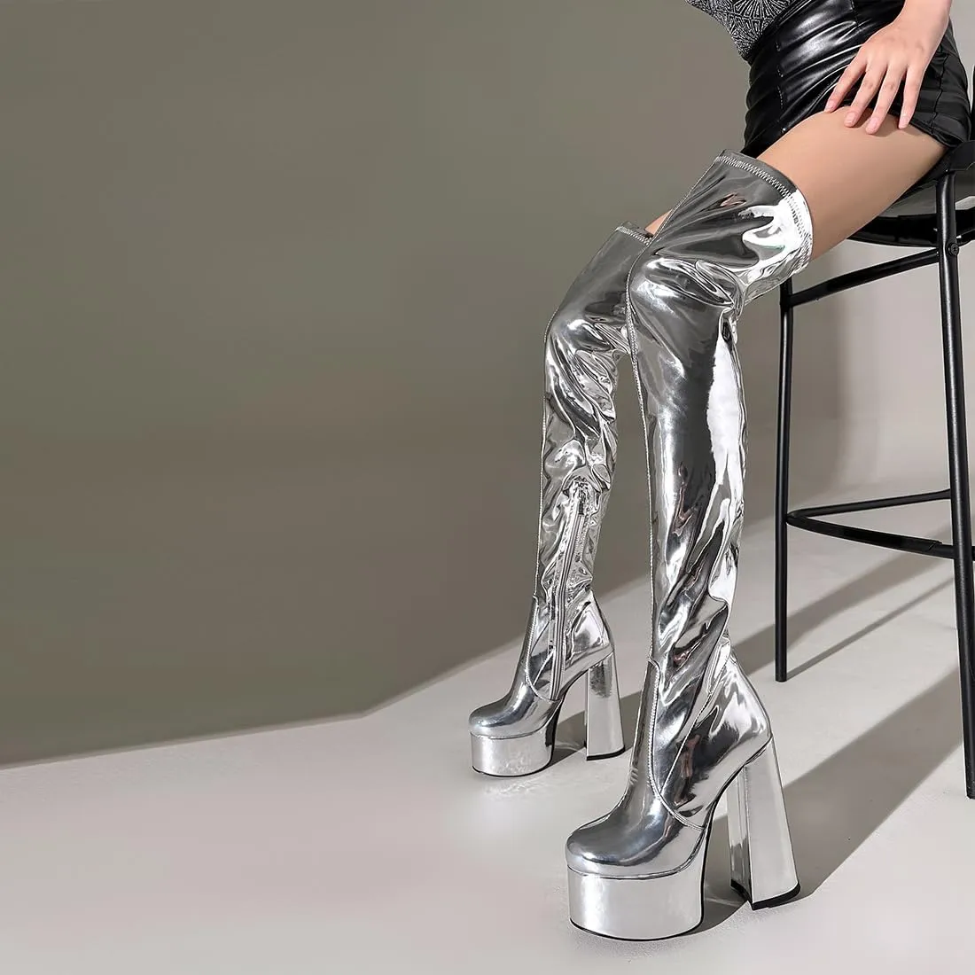 Over the Knee Platform Boot - Metallic Boot for Women Round Toe Chunky Heel Sequin Leather Thigh High Boot
