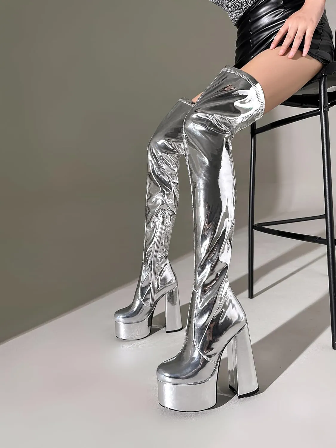 Over the Knee Platform Boot - Metallic Boot for Women Round Toe Chunky Heel Sequin Leather Thigh High Boot