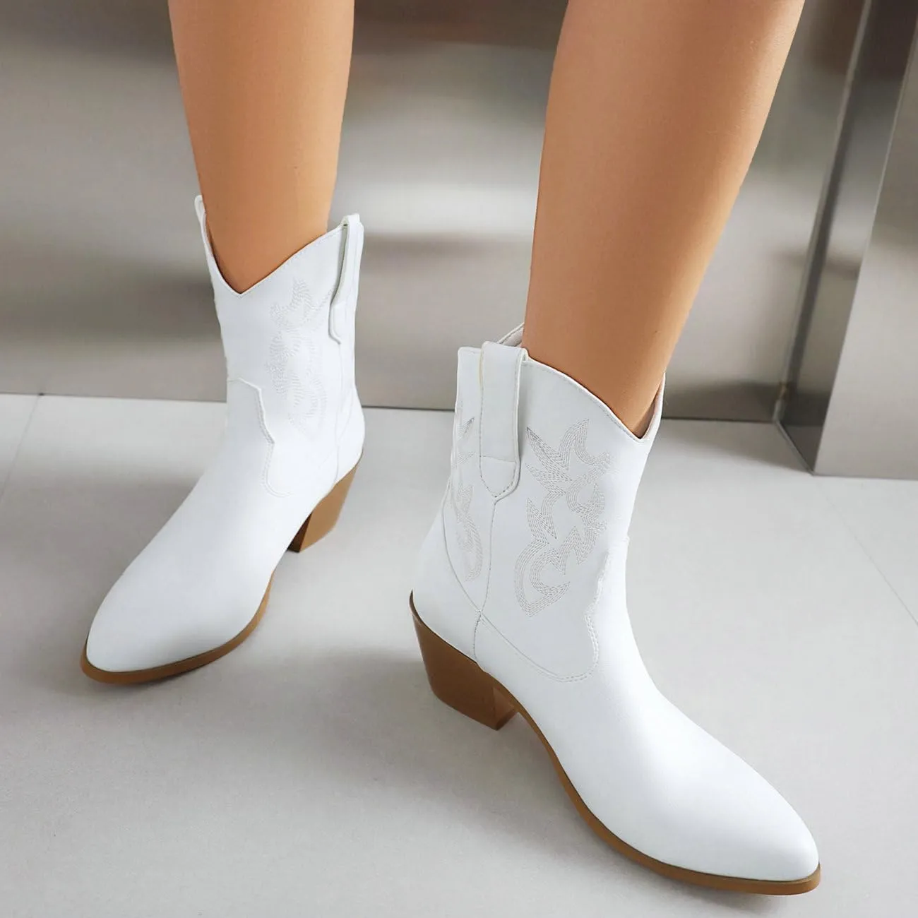 Parisuit Womens Metallic Cowboy Boots Knee High Sparkly Cowgirl Boots Square Snip Toe Embroidered Chunky Stacked Heel Western Boots