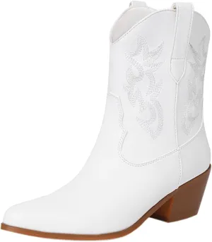 Parisuit Womens Metallic Cowboy Boots Knee High Sparkly Cowgirl Boots Square Snip Toe Embroidered Chunky Stacked Heel Western Boots