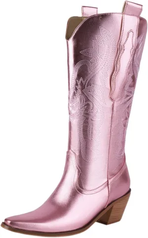 Parisuit Womens Metallic Cowboy Boots Knee High Sparkly Cowgirl Boots Square Snip Toe Embroidered Chunky Stacked Heel Western Boots