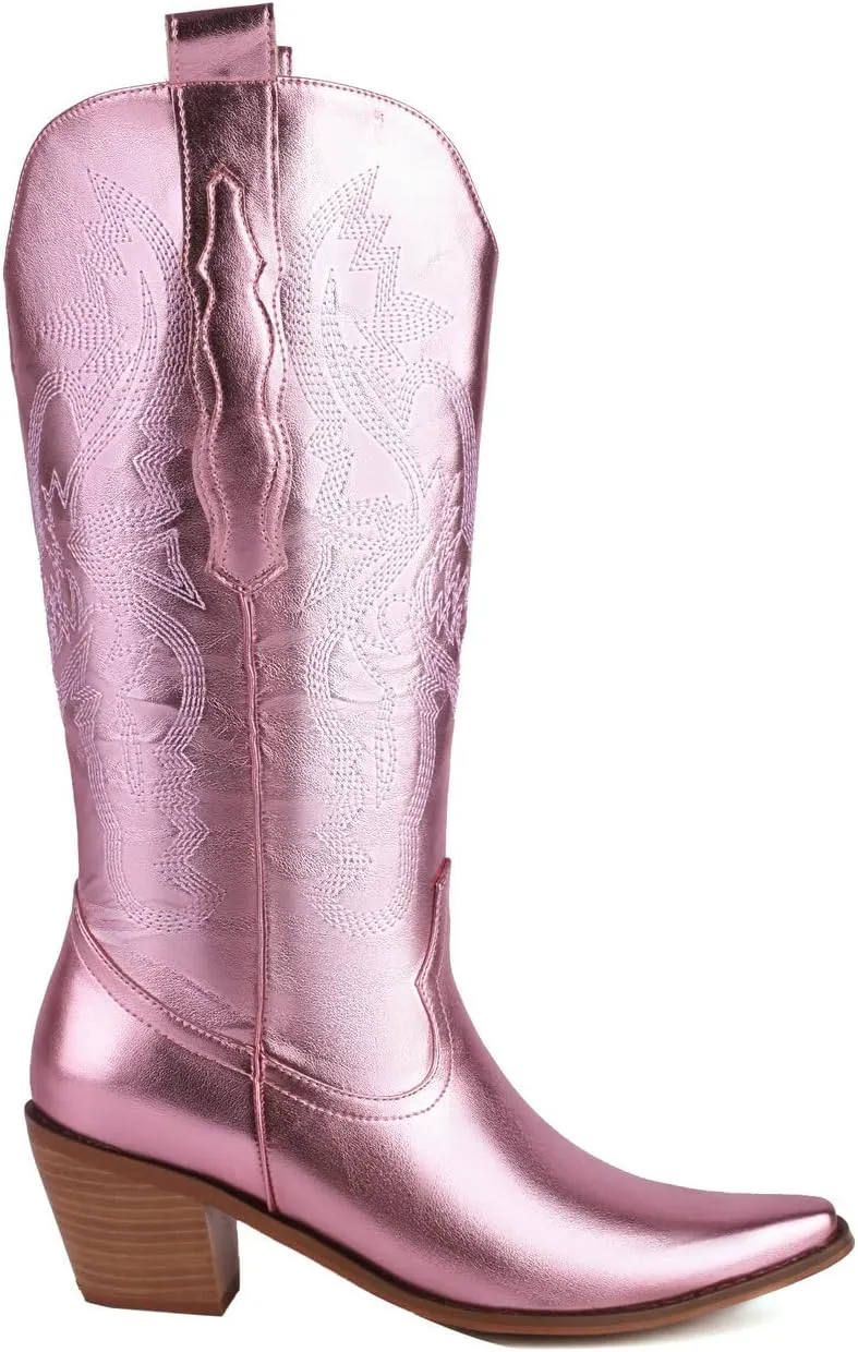 Parisuit Womens Metallic Cowboy Boots Knee High Sparkly Cowgirl Boots Square Snip Toe Embroidered Chunky Stacked Heel Western Boots