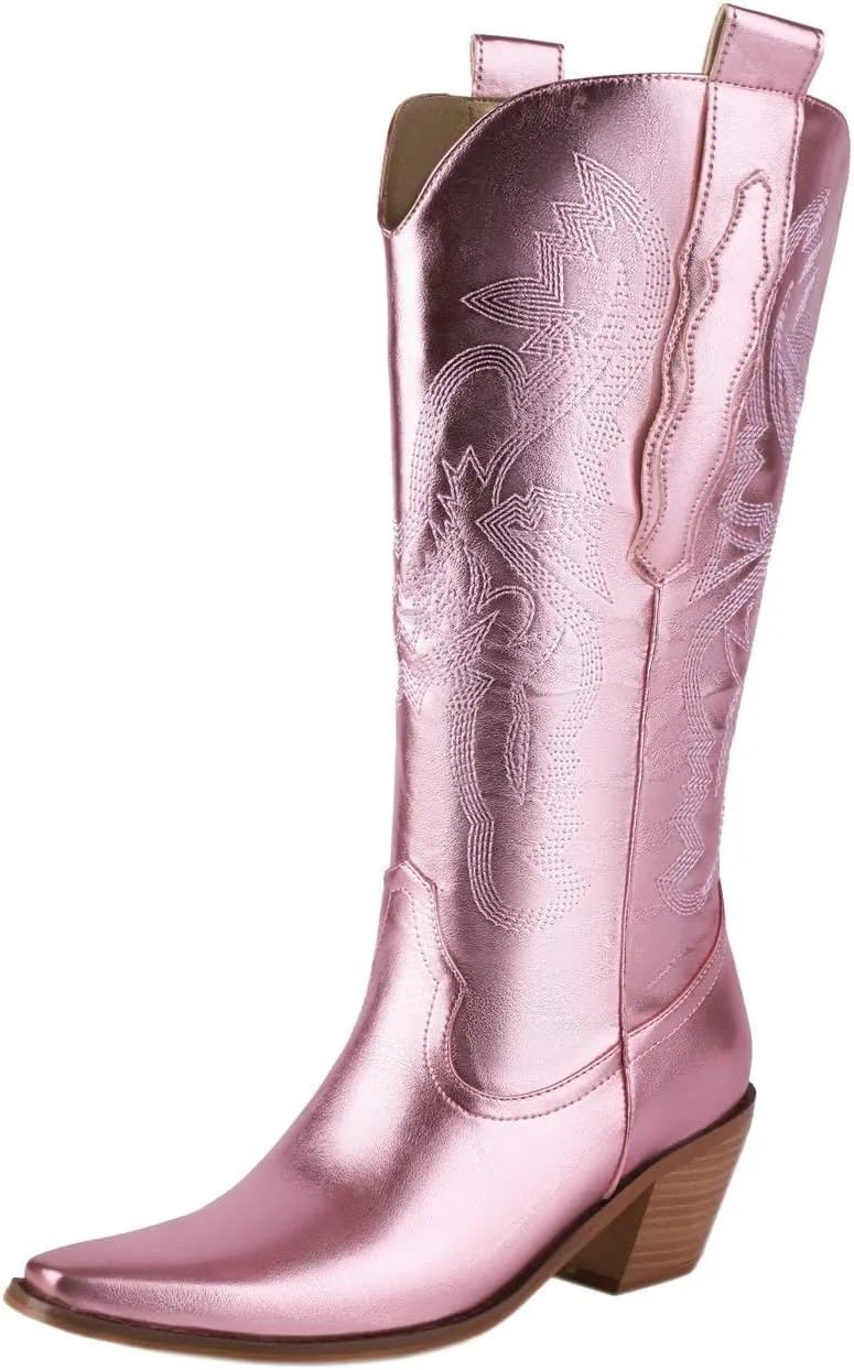Parisuit Womens Metallic Cowboy Boots Knee High Sparkly Cowgirl Boots Square Snip Toe Embroidered Chunky Stacked Heel Western Boots