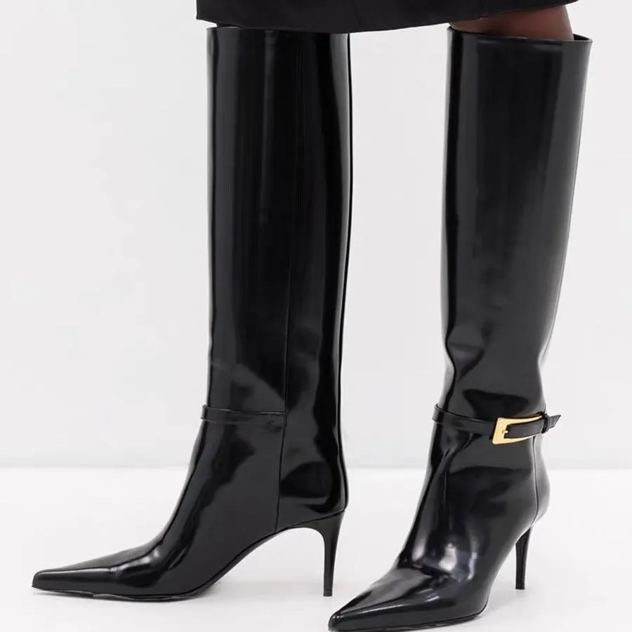 Patent Leather Pointed Toe Stiletto Heel Fashion Knee High Boots