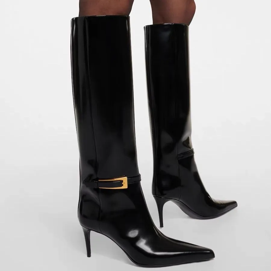 Patent Leather Pointed Toe Stiletto Heel Fashion Knee High Boots