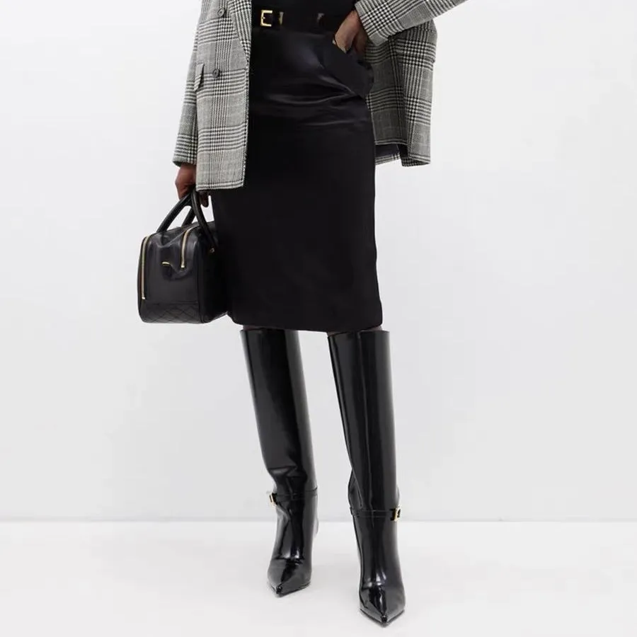 Patent Leather Pointed Toe Stiletto Heel Fashion Knee High Boots