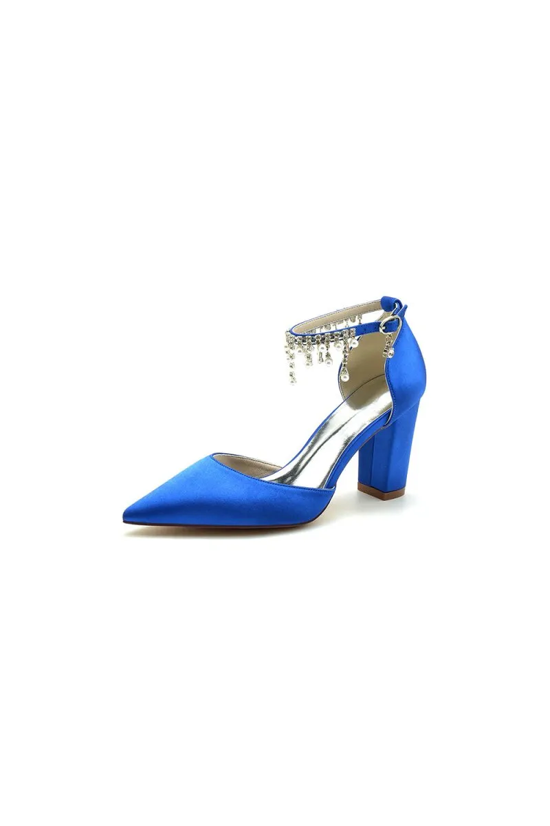 Pearl Beaded Pointed Toe Ankle Strap Chunky Heel