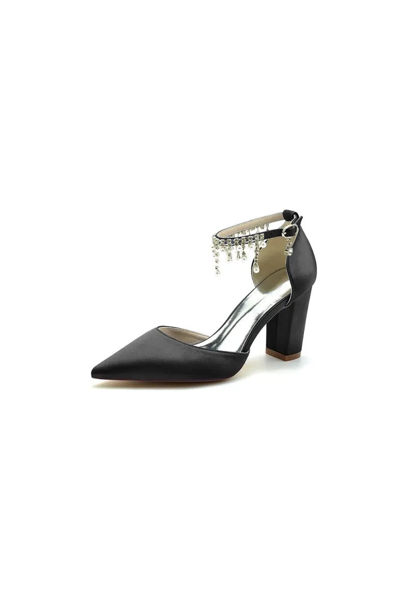 Pearl Beaded Pointed Toe Ankle Strap Chunky Heel