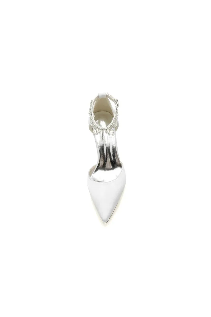 Pearl Beaded Pointed Toe Ankle Strap Chunky Heel