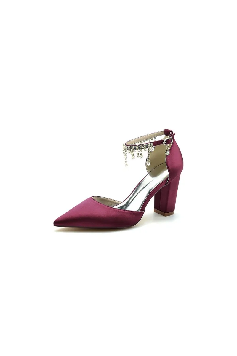 Pearl Beaded Pointed Toe Ankle Strap Chunky Heel