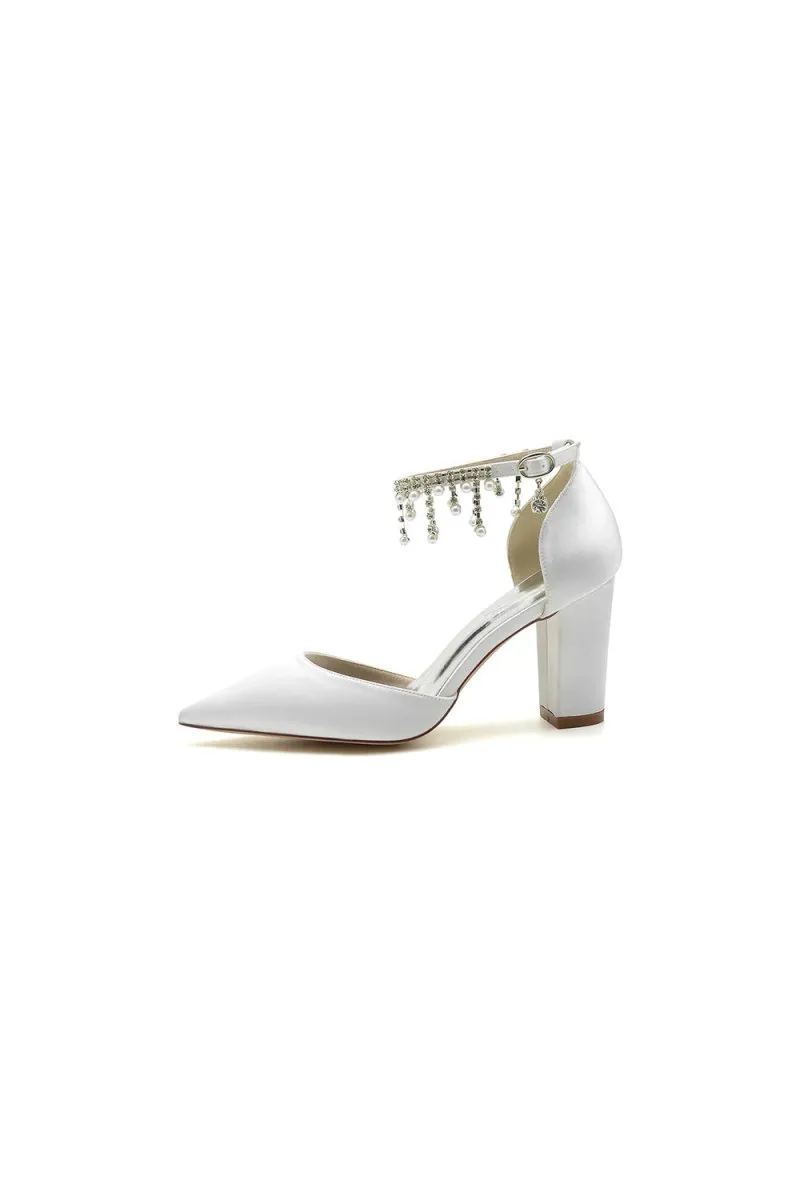Pearl Beaded Pointed Toe Ankle Strap Chunky Heel