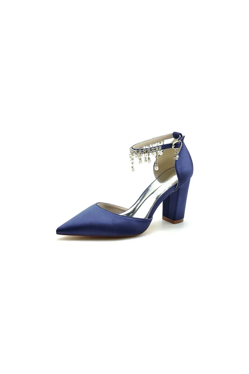 Pearl Beaded Pointed Toe Ankle Strap Chunky Heel