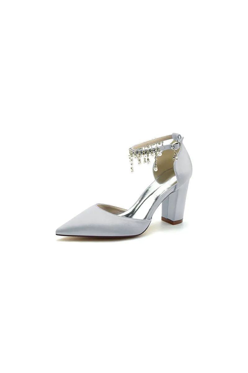 Pearl Beaded Pointed Toe Ankle Strap Chunky Heel
