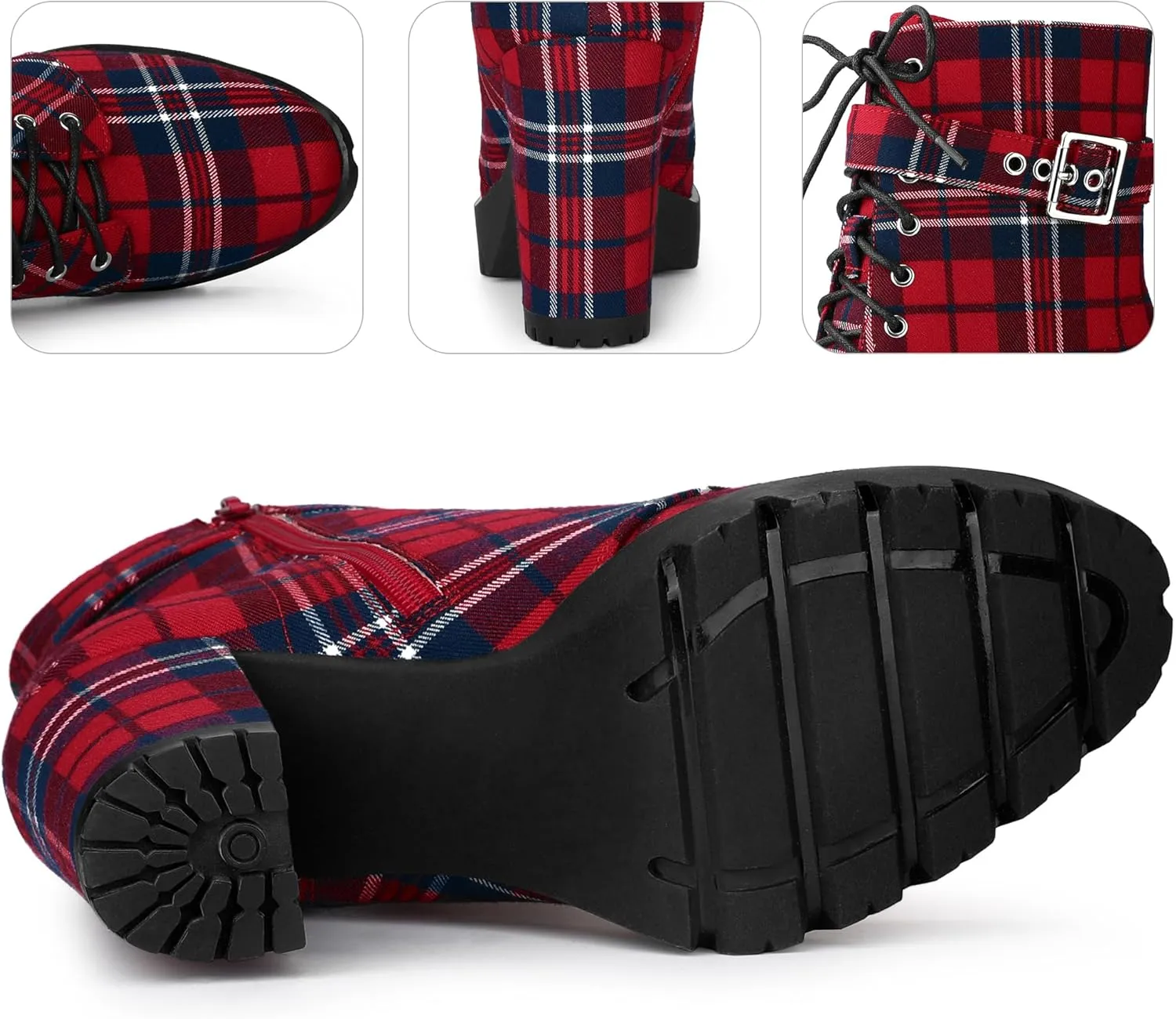 Perphy Platform Lace Up Chunky Heel Plaid Printed Ankle Combat Boots for Women