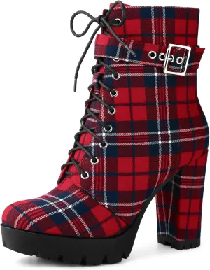 Perphy Platform Lace Up Chunky Heel Plaid Printed Ankle Combat Boots for Women