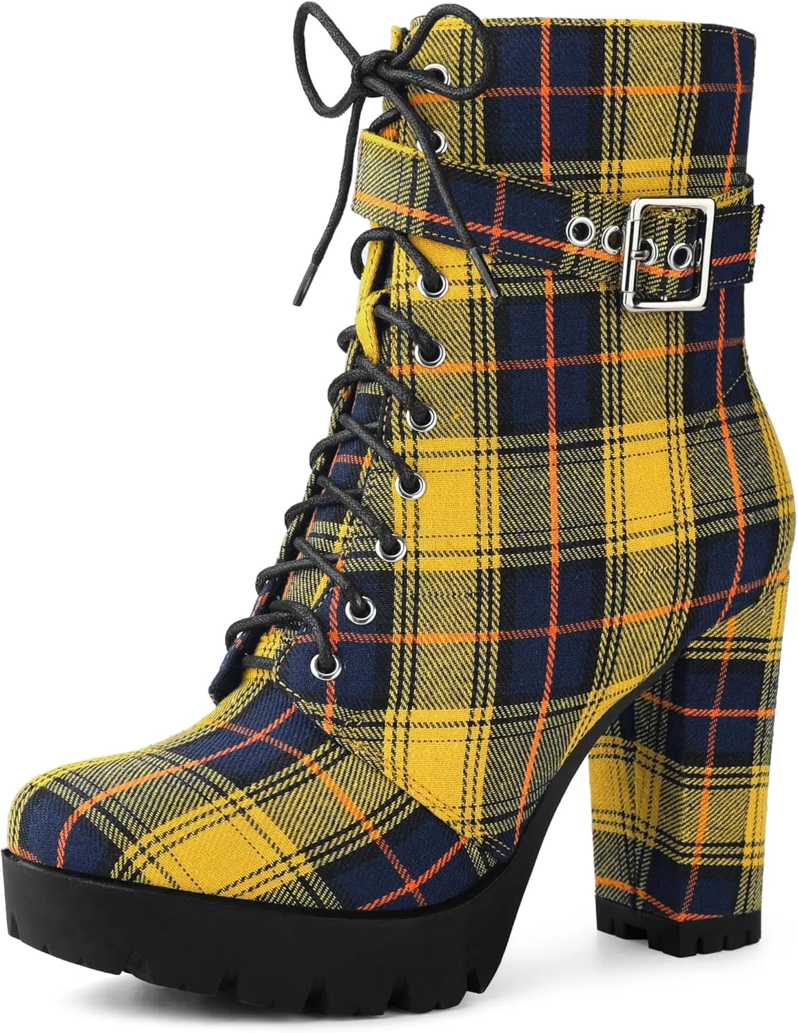 Perphy Platform Lace Up Chunky Heel Plaid Printed Ankle Combat Boots for Women