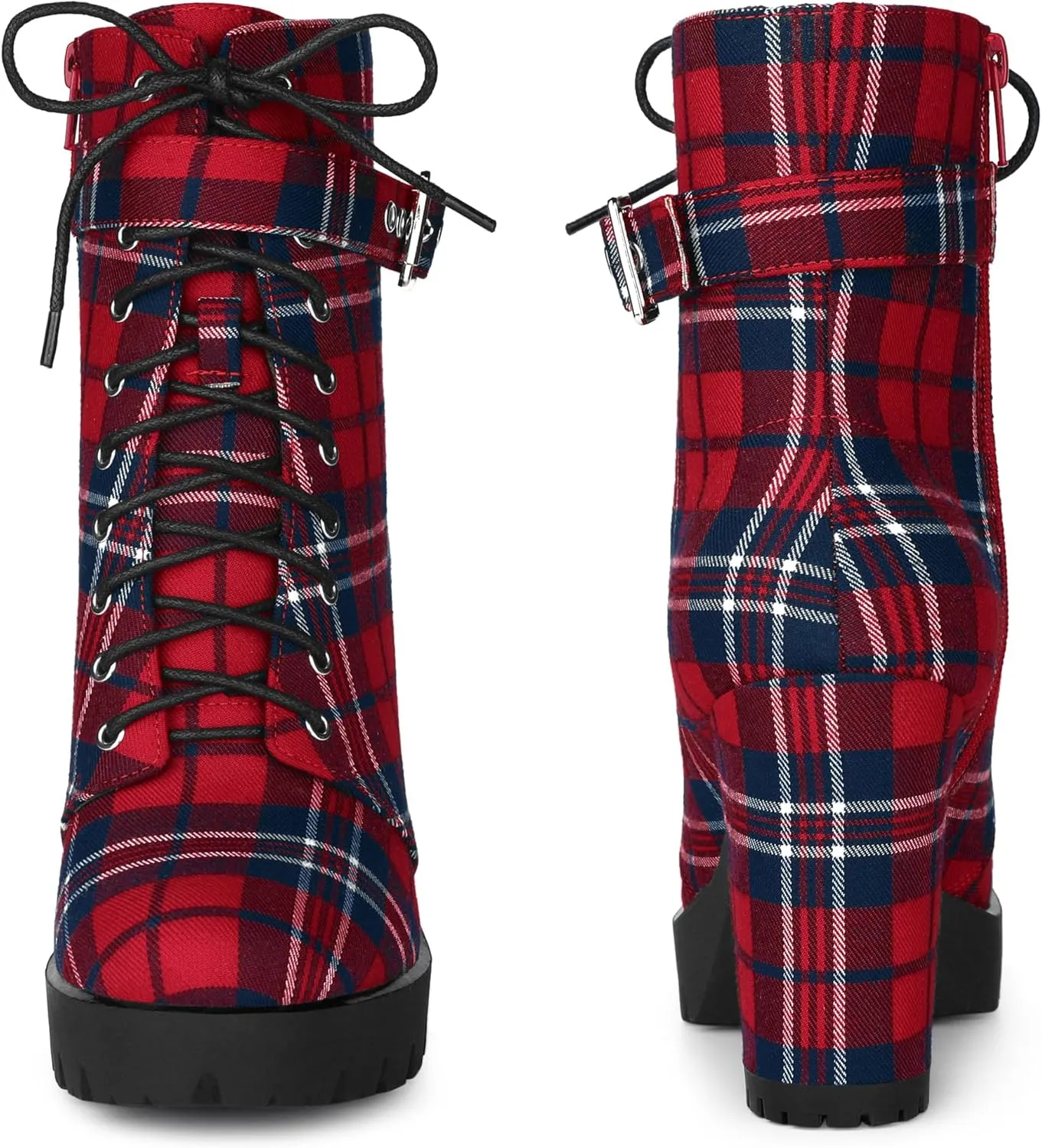 Perphy Platform Lace Up Chunky Heel Plaid Printed Ankle Combat Boots for Women
