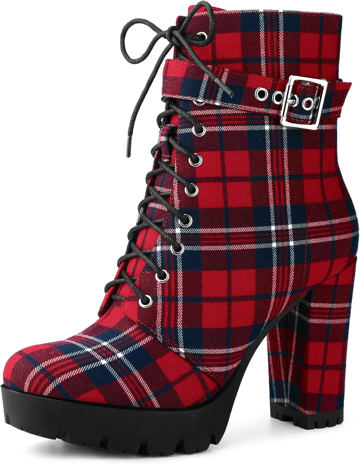 Perphy Platform Lace Up Chunky Heel Plaid Printed Ankle Combat Boots for Women