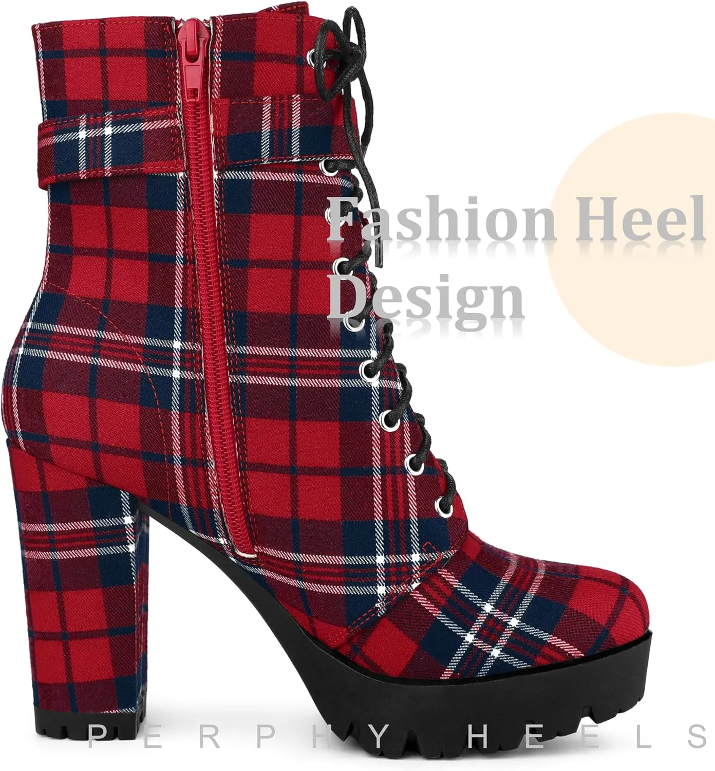 Perphy Platform Lace Up Chunky Heel Plaid Printed Ankle Combat Boots for Women