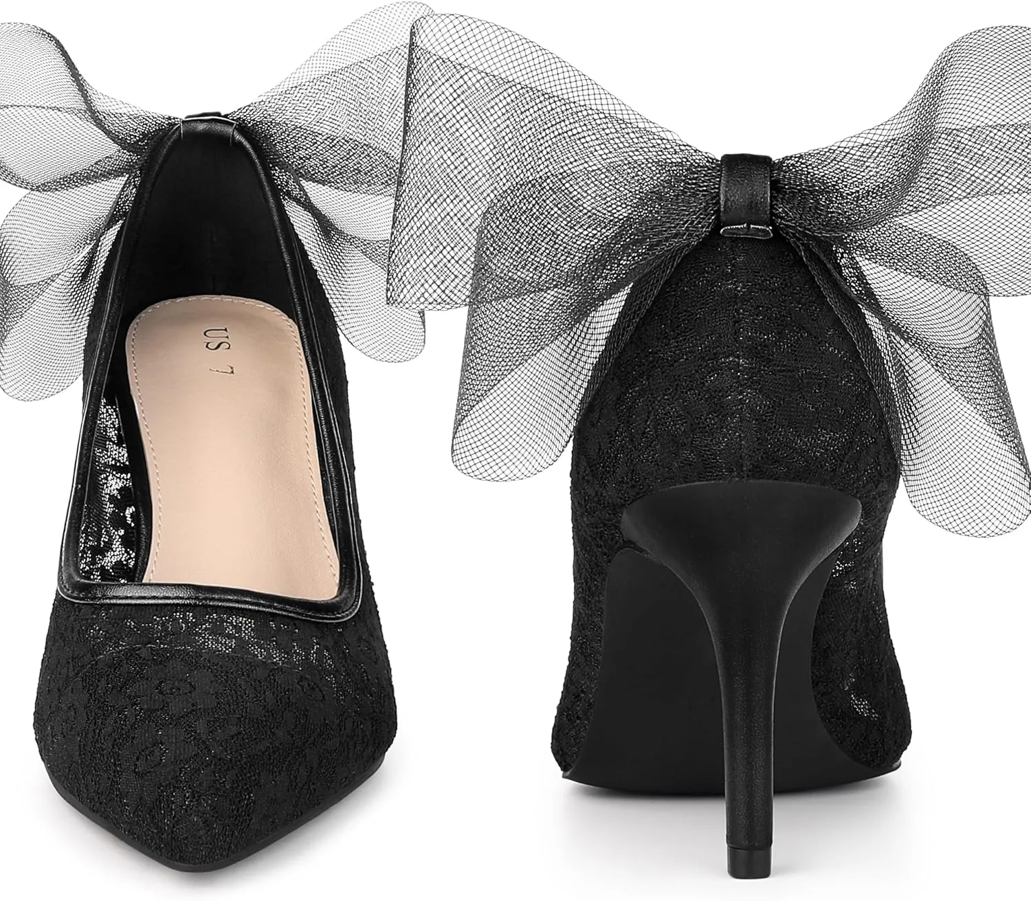 Perphy Pointed Toe Bow Bridal Stiletto Heel Lace Heels Pumps for Women
