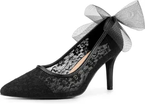 Perphy Pointed Toe Bow Bridal Stiletto Heel Lace Heels Pumps for Women