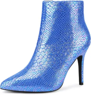 Perphy Snakeskin Printed Metallic Boots Pointed Toe Stiletto Heel Ankle Boots for Women