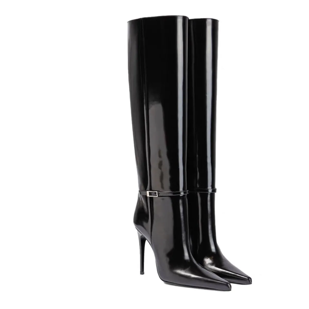 Pointed Toe 4'' Stiletto High Heel Knee High Bukle Boots