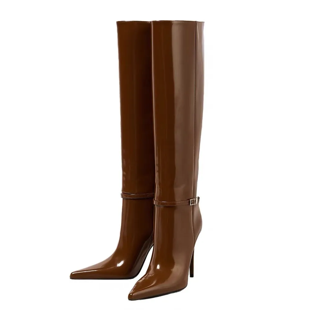 Pointed Toe 4'' Stiletto High Heel Knee High Bukle Boots
