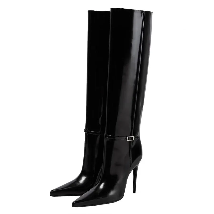Pointed Toe 4'' Stiletto High Heel Knee High Bukle Boots