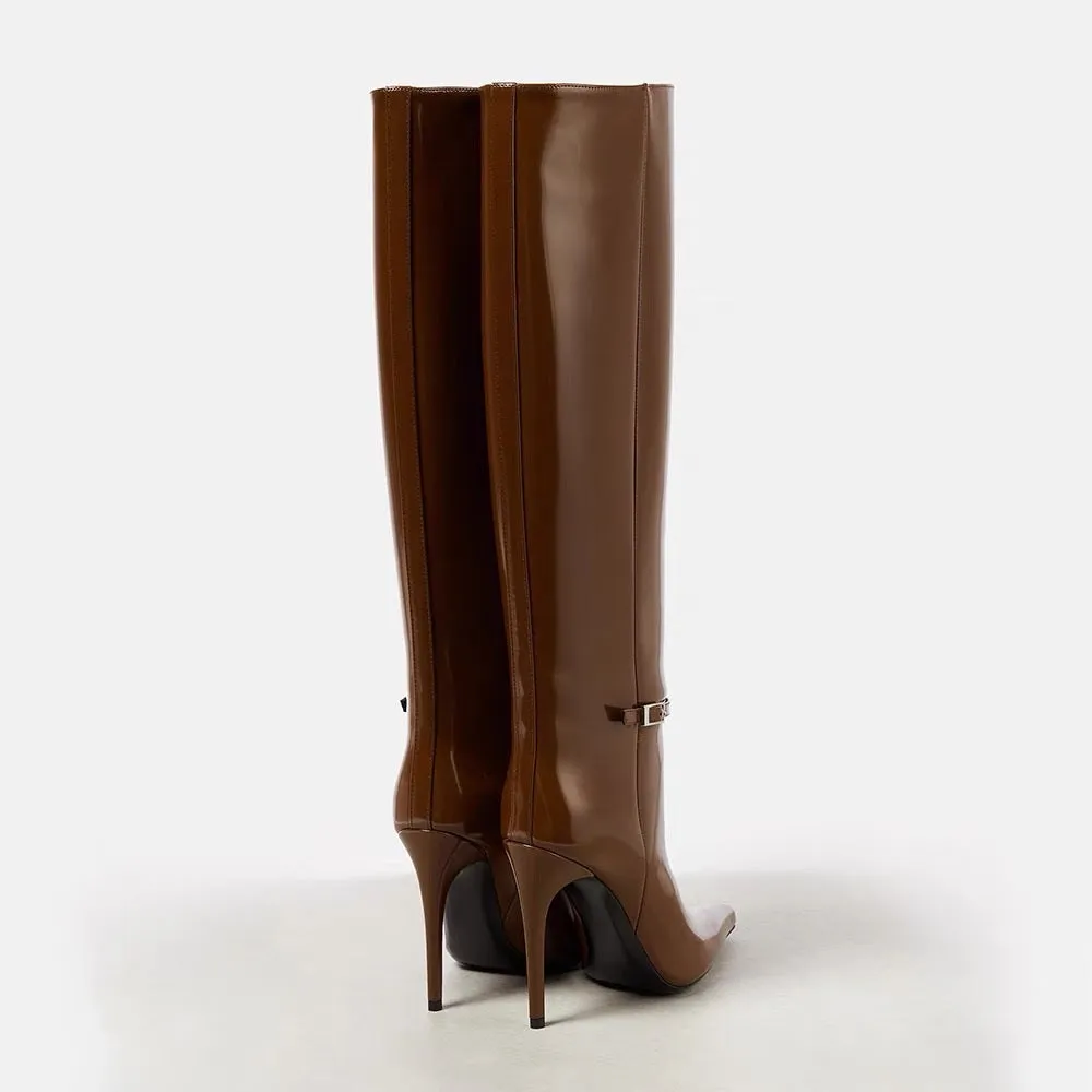Pointed Toe 4'' Stiletto High Heel Knee High Bukle Boots